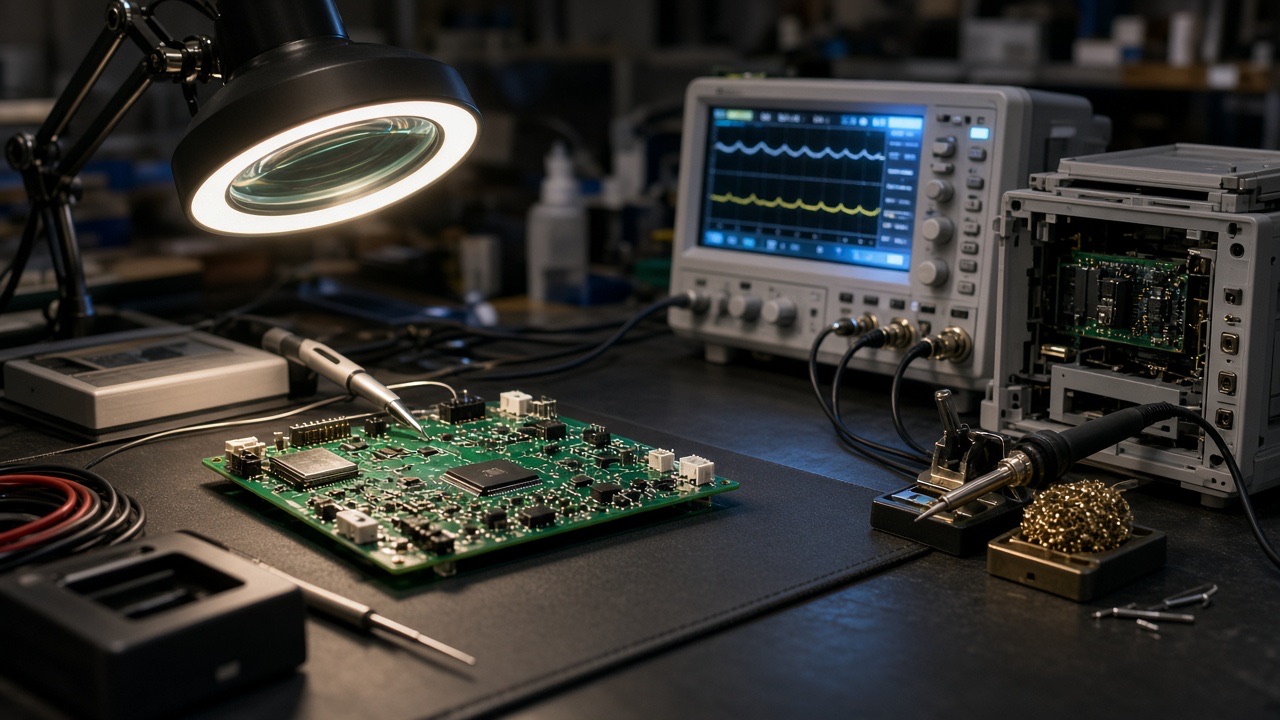Printed circuit board on a hardware lab bench